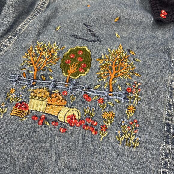 Vtg Bobbie Brooks Embroidered Fall Apples Blue Denim Shirt Women's Size 26W/28W - Picture 7 of 13